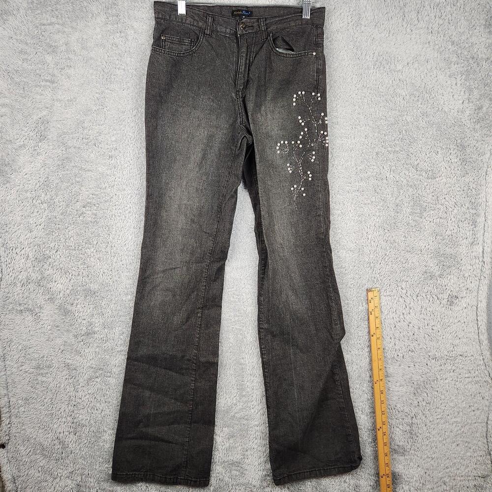 Vintage Metro Blues Jeans Womens 8 Tall Gray Charcoal Wash Bootcut Beaded Floral